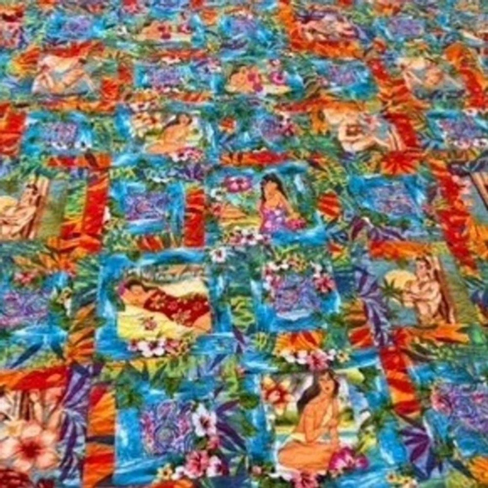 Hawaiian Tropical Hula Girl Surf Patchwork Quilt Multicolor 66x66 Square Bedding
